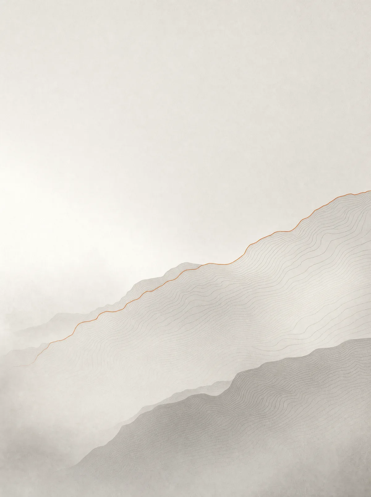 Misty layered ridgelines traced by a single orange contour line